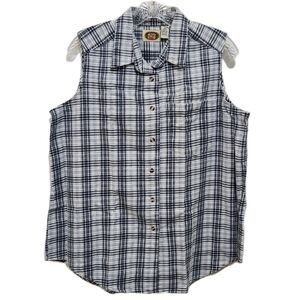 Vtg CM & Company Brand Womens L Denim Button Up Sleeveless Shirt Blue Plaid